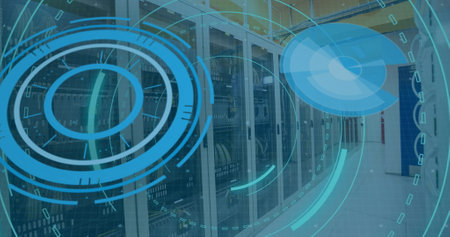 Image of digital interface over server room. Global business, finances, data processing and digital interface concept digitally generated image.の写真素材