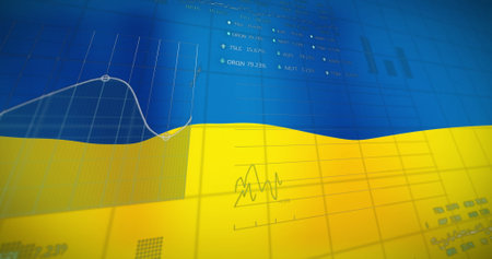Image of financial data and graph over flag of ukraine. ukraine crisis, economic crash and international politics concept digitally generated image.の写真素材