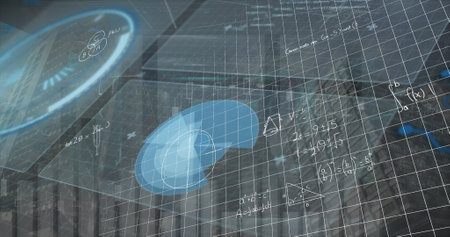 Image of data processing over cityscape. Global business and digital interface concept digitally generated image.の写真素材