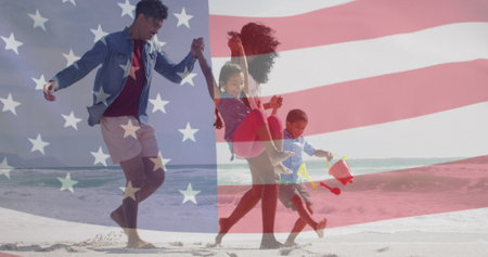 Image of flag of united states of america over biracial couple with children by seaside. American patriotism, diversity and tradition concept digitally generated image.の写真素材