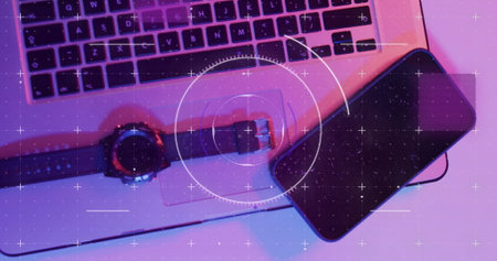 Image of scope scanning and data processing over laptop, smartwatch and smartphone. Global digital...