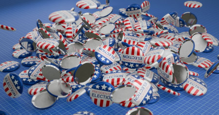 Image of election badges on blue background. Patriotism and digital interface concept digitally...