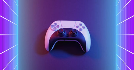 Image of neon grid over image game pad. Global image game, digital interface, data processing and...