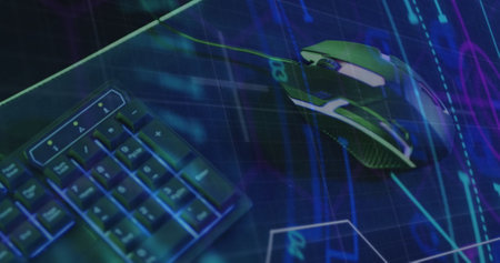 Image of scope scanning and data processing over image game computer equipment. Global digital...
