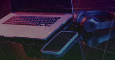 Image of scope and data processing over image game computer equipment. Global image game, digital interface, data processing and connections concept digitally generated image.の写真素材