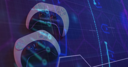Image of scope and data processing over image game pads. Global image game, digital interface, data...