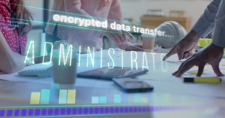 Data security message over diverse architects discussing blueprints in meeting. Architecture, design, business, data, security, digital interface and communication digitally generated image.の写真素材