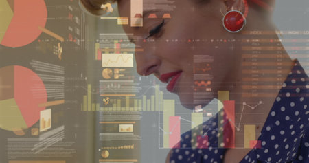 Image of statistics and data processing over woman using smartphone. global business, digital interface and technology concept digitally generated image.の写真素材