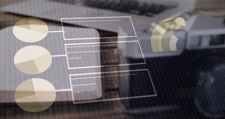 Image of financial data processing over office desk with electronic devices. Global business,...