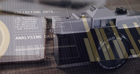 Image of financial data processing over office desk with electronic devices. Global business,...
