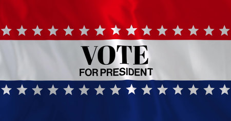 Image of vote for president text over american flag colour stripes and white stars. America,...