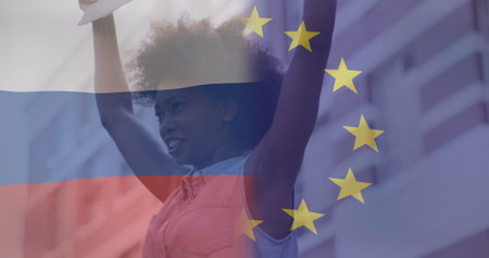 Image of flag of russia and european union over african american female protester. ukraine crisis...