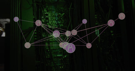 Image of network of connections over server room. technology, computing and digital interface...