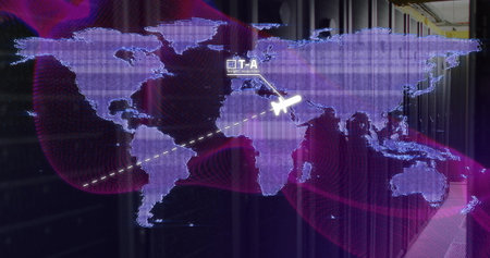 Image of world map over server room. global business and digital interface concept digitally generated image.の写真素材