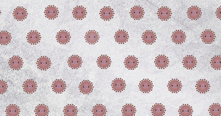 Image of virus cells moving on beige background. global covid 19 pandemic and health concept digitally generated image.の写真素材