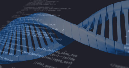 Image of data processing over dna strand on black background. technology, computing and digital...