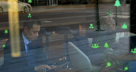 Image of digital interface with network of connections and envelope email icons over man and woman...