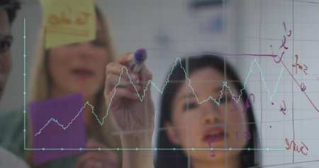 Image of financial data processing over asian businesswoman working in office. Global business,...