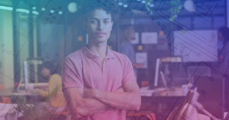 Image of financial data processing over biracial businessman. Global business, finances, computing and data processing concept digitally generated imageの写真素材