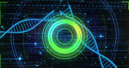 Image of scope scanning over dna strands. Global science and digital interface concept digitally generated image.の写真素材
