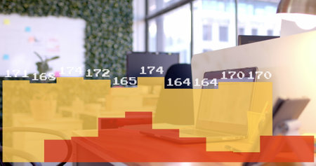 Image of data processing with diagram over laptop in office. Global business, technology and digital interface concept digitally generated image.の写真素材