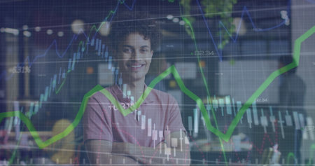 Image of financial data processing over biracial businessman. Global business, finances, computing...