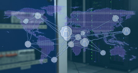 Image of data processing and media icons over server room. global technology and digital interface...