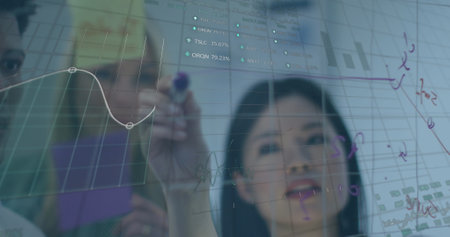 Image of financial data processing over diverse business people. Global business, finances,...