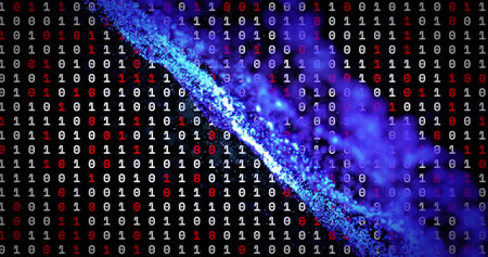 Image of binary coding over glowing spots on black background. technology, computing and digital...