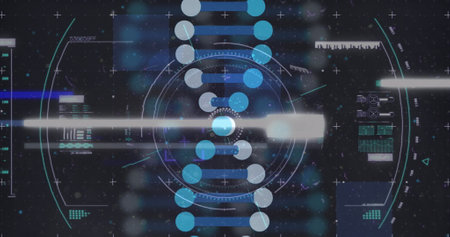 Image of scope scanning over dna strand. Global science and digital interface concept digitally generated image.の写真素材