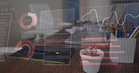 Image of financial data processing over office desk with electronic devices. Global business,...