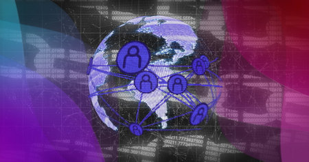 Image of globe of connections over data processing on black background. technology, computing and digital interface concept digitally generated image.の写真素材