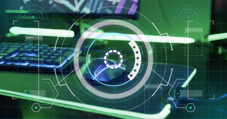 Image of scope and data processing over image game computer equipment. Global image game, digital...