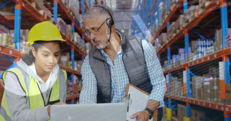 Image of data processing over people working in warehouse. global shipping, delivery and connections...