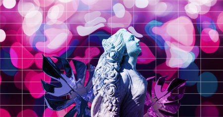 Leaves and classical female sculpture distorting over grid and pink liquid background. Abstract, art, technology, energy, digital interface, connection and communication digitally generated image.の写真素材
