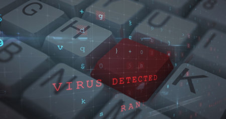 Image of cyber attack warning text over computer keyboard with red key on grey background. global technology, networking and digital interface concept digitally generated image.の写真素材