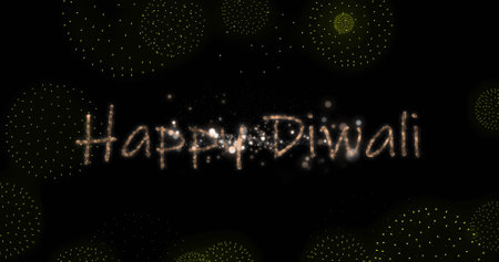 Image of happy diwali text over shapes and fireworks on black backrgound. New year, party and celebration concept digitally generated image.の写真素材