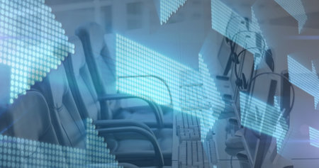 Image of digital arrows over computers in empty office in background. global technology, networking and digital interface concept digitally generated image.の写真素材