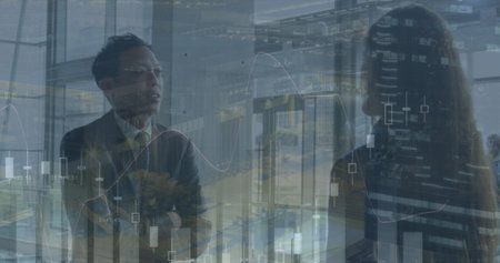 Image of data processing over diverse business people talking. global business, finances,...