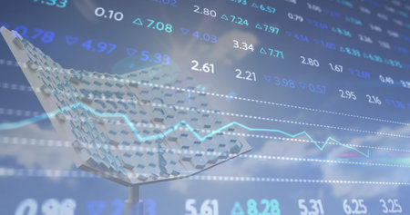 Image of financial data processing over solar panel. global business, finances and digital interface...