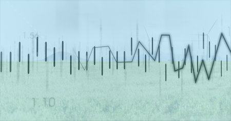 Image of financial data processing over wind turbines and landscape. global finance, business and...