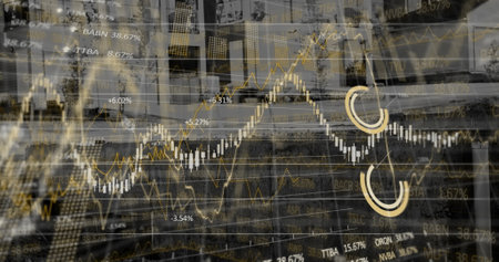 Image of warehouse, financial data processing and statistics. global development, business, digital...