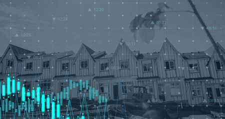 Image of house, financial data processing and statistics. global development, business, digital...