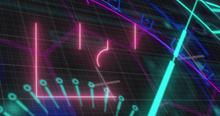 Image of numbers changing and data processing over grid on purple background. Global business data processing technology and digital interface concept digitally generated image.の写真素材