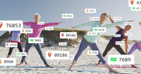 Image of social media notifications, over women exercising on beach. social media, positive...