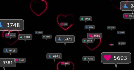 Image of neon hearts over social media reaction on black background. Social media, network and...