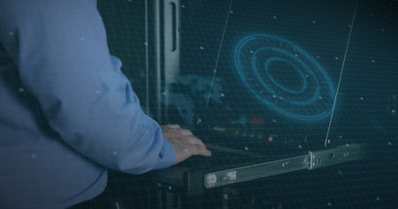 Caucasian businessman interacts with futuristic interface, with copy space. The office setting showcases innovative technology and business analytics.の写真素材