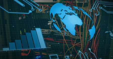 Image of globe spinning and data processing over cables in computer server. global computing and data processing concept digitally generated image.の写真素材