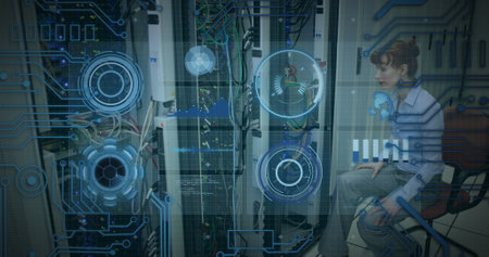 Image of scan scoping over caucasian female server room worker. Global connections, data processing...