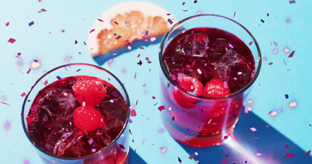 Image of confetti falling and cocktails on blue background. Party, drink, entertainment and celebration concept digitally generated image.の写真素材
